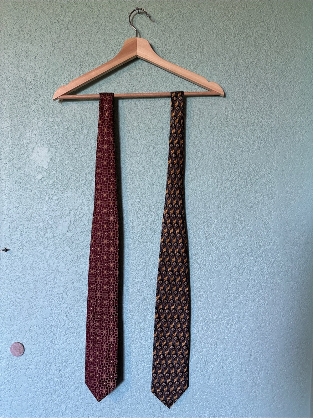 Set of Two Classic Men's Burgundy and Yellow Patterned Silk Ties